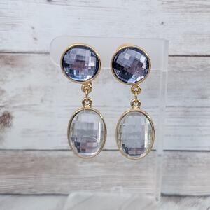 Vintage Clip On Earrings Extra Large Dangle Blue & Clear Faceted